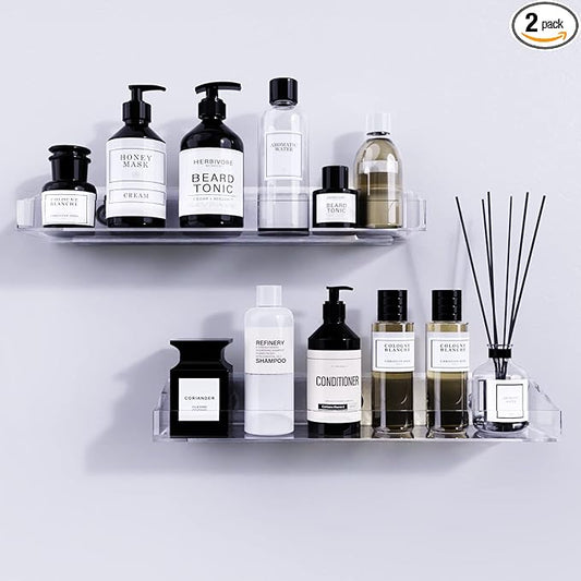 Bakzon Acrylic Shower Shelves 2 Pack, Adhesive Bathroom Shelves No Drill, Clear Acrylic Shower Caddy Wall Mounted Organizer for Inside Shower, Bathroom Storage Shelf