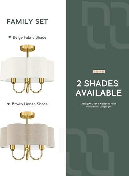 Gold Semi Flush Mount Ceiling Light, 18" 4-Light Light Fixtures Ceiling Mount with Brown Linen Petal Shade for Kitchen Nursery Entryway Hallway Bedroom, E26 Base, SM179-BG-L-6