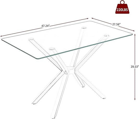 51.18" Rectangular Glass Dining Table, Tempered Glass Kitchen Tabe with Metal Legs, Stylish and Sturdy Dinner Table for Home and Outdoor Dining (Silver, 47.24")