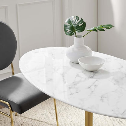 Modway Lippa 48" Oval-Shaped Mid-Century Modern Dining Table with Artificial Marble Top and Gold Base