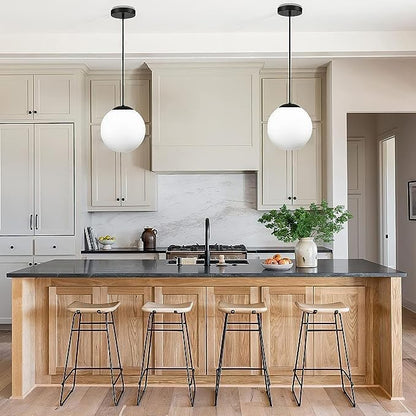 KoKo&Yukina 8-inch Globe Pendant Lighting for Kitchen Island Mid Century Modern Hanging Light Fixture with Milk Glass Globe Glass Black Industrial Hanging Ceiling Lights for Sink Bathroom Entryway