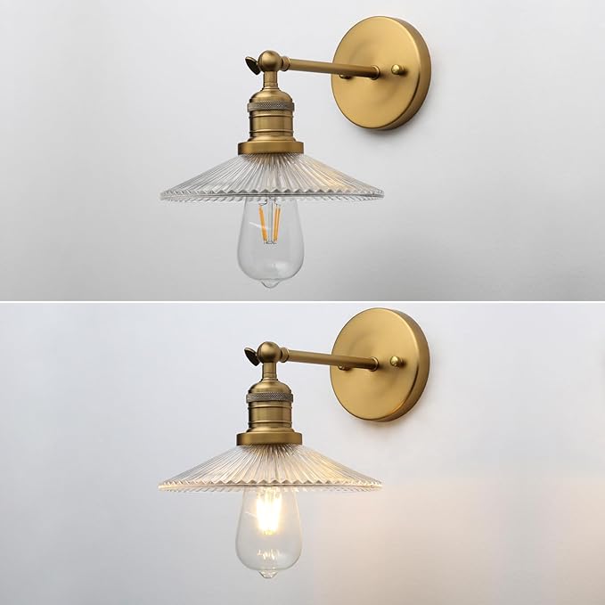 Industrial Vintage Wall Sconce 1-Light with Funnel Ribbed Clear Glass Shade, Indoor Wall Mounted Lamp Fixture for Living Room Bedroom Bathroom Over Kitchen Sink