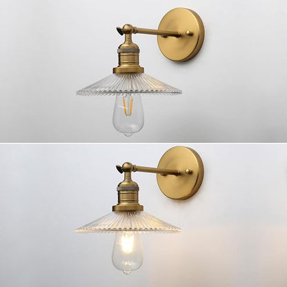Industrial Vintage Wall Sconce 1-Light with Funnel Ribbed Clear Glass Shade, Indoor Wall Mounted Lamp Fixture for Living Room Bedroom Bathroom Over Kitchen Sink