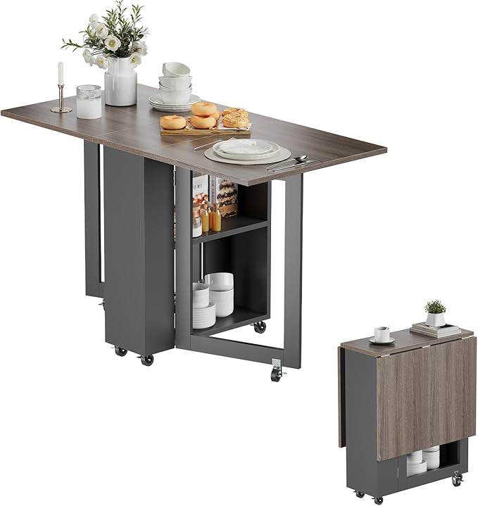 LotFun Folding Dining Table with 2 Storage Racks, Space Saving Dining Table with 6 Wheels, Kitchen Table for Small Spaces
