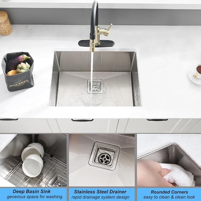 Undermount Laundry Sink, 24 x 19 x 12 Inch 16 Gauge Stainless Steel Deep Single Bowl Undermount Laundry and Utility Sink with Square Drainer
