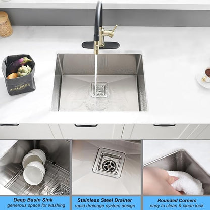 Undermount Laundry Sink, 24 x 19 x 12 Inch 16 Gauge Stainless Steel Deep Single Bowl Undermount Laundry and Utility Sink with Square Drainer