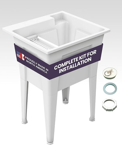 24” Utility Sinks for Laundry Room, Garage, Garden, Basement – Noah William Home Indoor and Outdoor Polypropylene Basement Wash Tub - No Faucet Included (White)