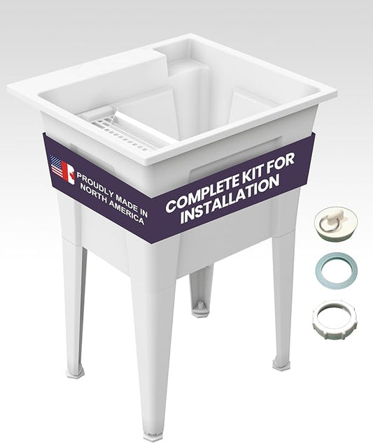 24” Utility Sinks for Laundry Room, Garage, Garden, Basement – Noah William Home Indoor and Outdoor Polypropylene Basement Wash Tub - No Faucet Included (White)