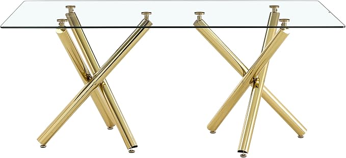 71” Rectangle Dining Table, Large Modern Dining Table for 6–8 People with 0.4" Thickened Tempered Glass Top, Glass Kitchen Table with Gold Metal Legs for Dining Room