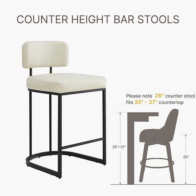 26" H Counter Height Bar Stools Set of 3, Modern Faux Leather Upholstered Barstools with Backrest for Kitchen Island, Black Metal Frames, Cream