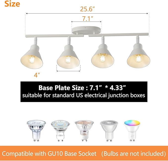 Modern 4-Light Track Lighting Fixture, Matte White Metal Ceiling Spotlight with Flexible Rotatable Heads, GU10 Base Directional Track Light for Kitchen, Hallway, Living Room & Gallery