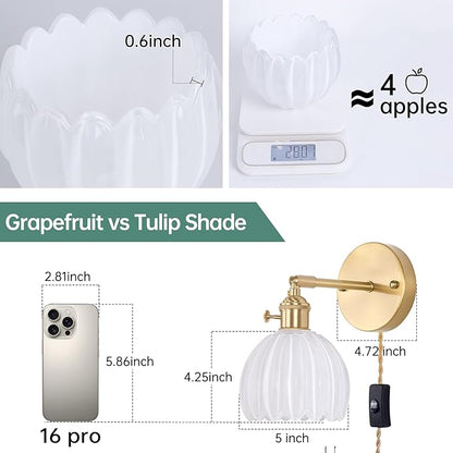 Shenmoyl Plug in Wall Sconce, White Tulip Glass Lampshade Wall Light Plugin Corded for Bedside Bedroom Doorway, 2 Pack
