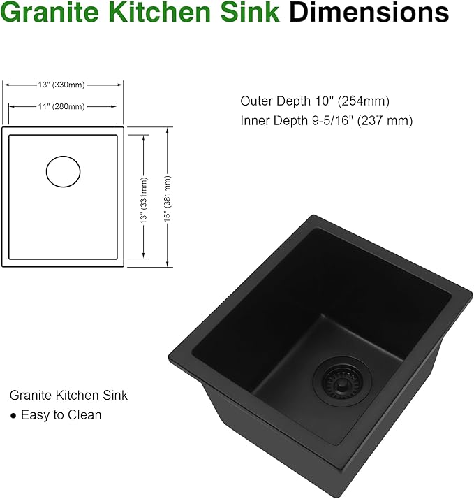 Black Bar Sink, 13" x 15" x 10" Undermount Kitchen Sink, 13 Inch Small and Deep Single Bowl Granite Composite Kitchen Sink with Accessories, 13 x 15 Matte Black Quartz Stone Bar Sinks