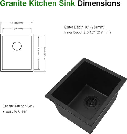 Black Bar Sink, 13" x 15" x 10" Undermount Kitchen Sink, 13 Inch Small and Deep Single Bowl Granite Composite Kitchen Sink with Accessories, 13 x 15 Matte Black Quartz Stone Bar Sinks