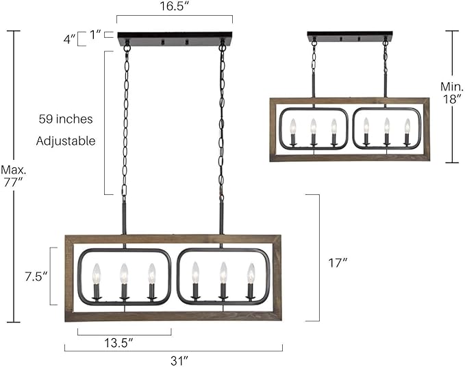 LOG BARN 31'' Farmhouse Chandelier, 6-Light Rectangle Wood Kitchen Island Lighting with Black Metal Rotatable Frame, Rustic Chandeliers Light Fixtures for Dining Room