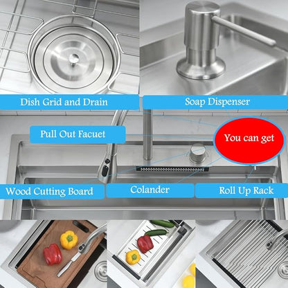 33 Inch Drop In Waterfall Kitchen Sink Workstation-Bokaiya 33x19 Drop In Kitchen Sink with Faucet Combo Stainless Steel Top Mount 16 Gauge 10" Deep Single Bowl Waterfall Sink with Soap Dispenser