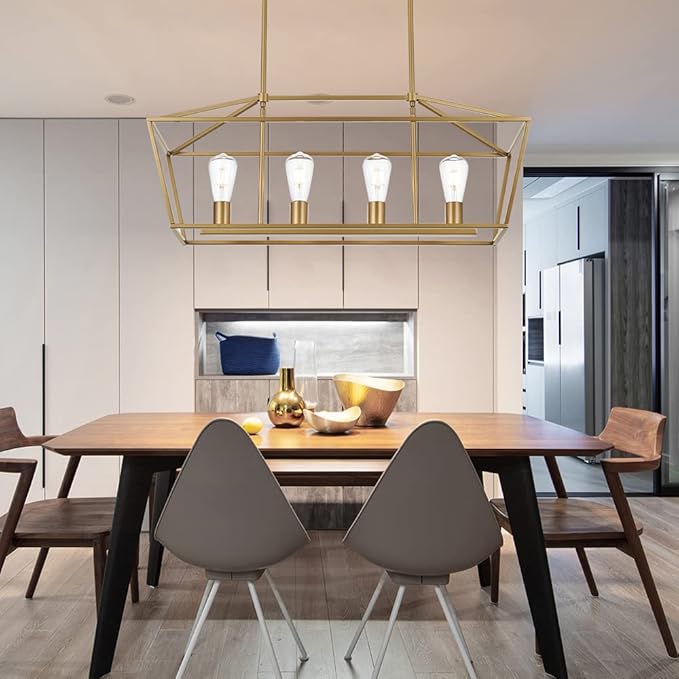 BONLICHT Modern 4 Light Farmhouse Chandelier Gold Linear Kitchen Island Pendant Light Traditional Rectangular Dining Room Lighting Fixture Hanging Metal Cage Pendant Lamp for Hallway Foyer