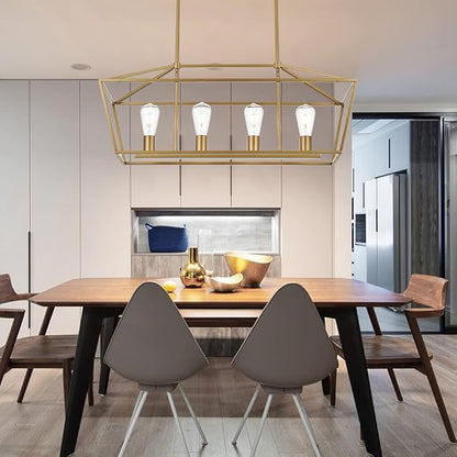BONLICHT Modern 4 Light Farmhouse Chandelier Gold Linear Kitchen Island Pendant Light Traditional Rectangular Dining Room Lighting Fixture Hanging Metal Cage Pendant Lamp for Hallway Foyer