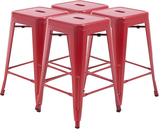 FDW Metal Bar Stools Set of 4 Counter Height Bar Stools 24 Inches Industrial Bar Chairs Patio Stool Stackable Backless Stool Indoor Outdoor Metal Kitchen Stools Bar Chairs (Red, 24")