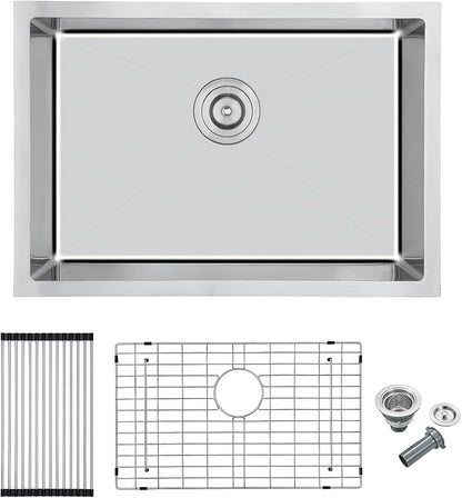MENATT 28x18 Inch Undermount Kitchen Sink, 18 Gauge 304 Stainless Steel Single Bowl with Drying Rack & Bottom Grid, 9" Deep for Laundry, Utility & Modern Kitchen