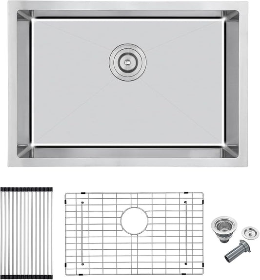 MENATT 28x18 Inch Undermount Kitchen Sink, 18 Gauge 304 Stainless Steel Single Bowl with Drying Rack & Bottom Grid, 9" Deep for Laundry, Utility & Modern Kitchen