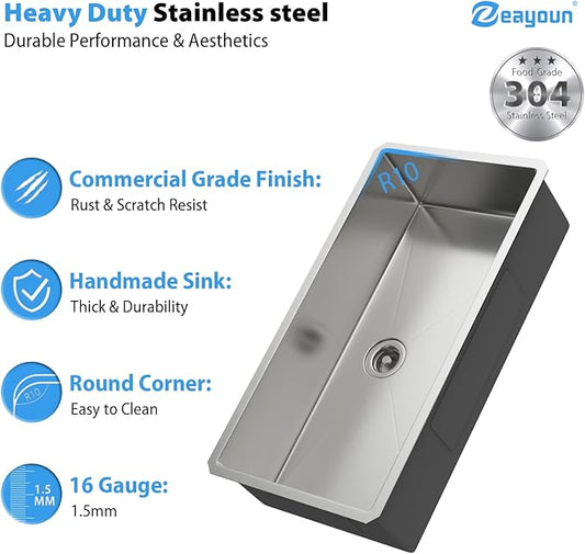 36 Inch Undermount Kitchen Sink 16 Gague Stainless Steel Single Bowl Handmade Sinks Round Corners Large Deep Under Counter Basin, 36"x19"x9"