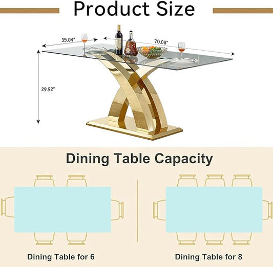 70" Large Glass Dining Table for 4 6 8, Modern Rectangular Glass Top Kitchen Table with Golden X-Design Stainless Steel Base, Luxury Dining Room Table for Dinner Kitchen Dining Room