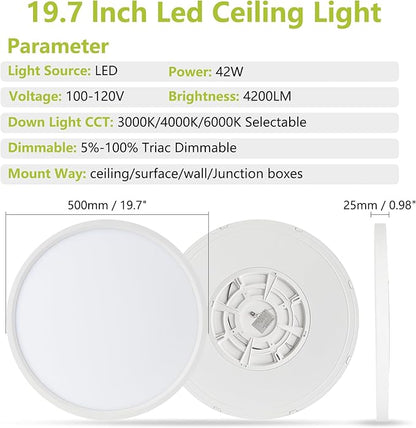 20 Inch Large LED Flush Mount Ceiling Light, 42W 4200LM Dimmable & 3000K/4000K/6000K Selectable, Low Profile Ceiling Fixtures for Bedroom Apartment Laundry Room Kitchen, White