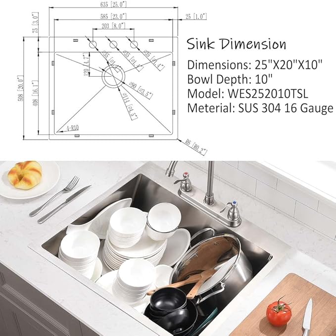 25 Inch Drop in Kitchen sink- 25x20 Inch Kitchen Sink Drop In 16 Gauge Deep Single Bowl Stainless Steel Kitchen Sinks Laundry Utility Sink,3 hole Kitchen Sink