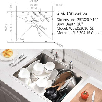 25 Inch Drop in Kitchen sink- 25x20 Inch Kitchen Sink Drop In 16 Gauge Deep Single Bowl Stainless Steel Kitchen Sinks Laundry Utility Sink,3 hole Kitchen Sink