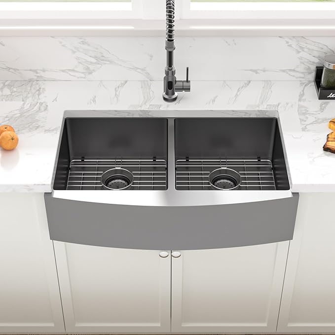Sarlai Black Farmhouse Sink 33 Inch Double Bowl - 33x21 inch Apron Front Kitchen Sink Double Bowl 50/50 Gunmetal Black Stainless Steel 16 Gauge Round Corner Farm Farmer Kitchen Sinks