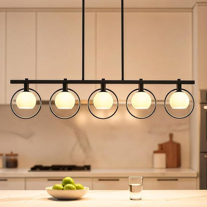 ropelux Dining Room Light Fixture, 5-Light Chandelier for Kitchen Island Over Table with E12 Socket(Bulb not Included), Black Rustic Hanging Pendant Light Fixtures with Frosted White Glass Lampshade