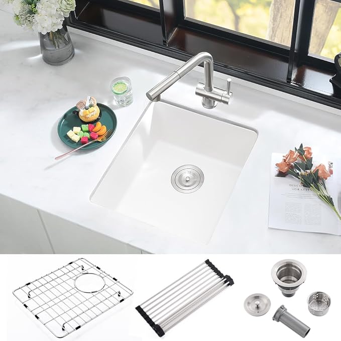 15 Inch White Bar Sink Undemount Quartz-iAnomla 15x15 Inch Undermount Bar Sink Granite Composite Single Bowl Outdoor Rv Sinks Quartz Kitchen Sinks Undermount with Bottom Grid