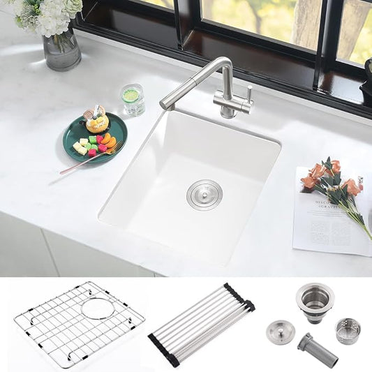 15 Inch White Bar Sink Undemount Quartz-iAnomla 15x15 Inch Undermount Bar Sink Granite Composite Single Bowl Outdoor Rv Sinks Quartz Kitchen Sinks Undermount with Bottom Grid