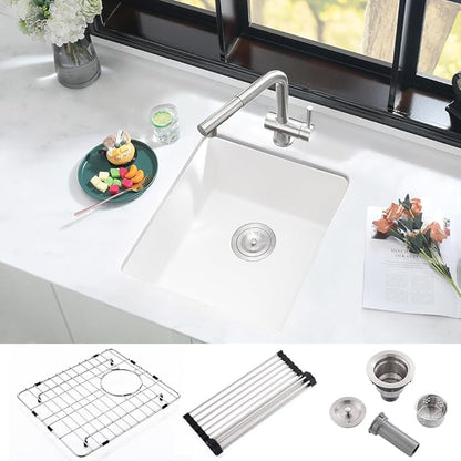 17 Inch Bar Sink Undermount White-iAnomla 17x17 Undermount Bar Sink White Quartz Bar Prep Sink Small Kitchen Sink Single Bowl Mini Wet Bar Rv Kitchen Sink with Bottom Grid