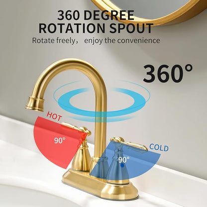 Brushed Gold Bathroom Faucet with Pop-up Drain Assembly, 2 Handles Centerset Bathroom Sink Faucet 4 Inch with 360° Swivel Spout, Stainless Steel Faucet for Vanity Sink with Water Supply Lines