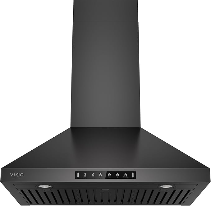 VIKIO HOME Wall Mount 30 Inch Range Hood 900 CFM, Ductless/Ducted Convertible, 3-speed Gesture Sensing & Touch Control, Black Painted Stainless Steel Kitchen Vent Hood with Permanent Baffle Filters