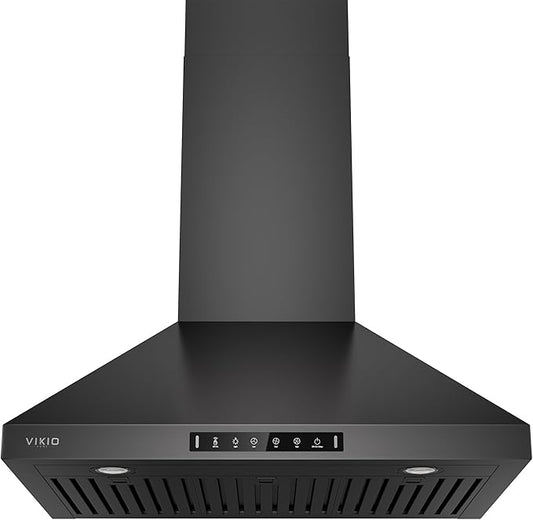 VIKIO HOME Wall Mount 30 Inch Range Hood 900 CFM, Ductless/Ducted Convertible, 3-speed Gesture Sensing & Touch Control, Black Painted Stainless Steel Kitchen Vent Hood with Permanent Baffle Filters