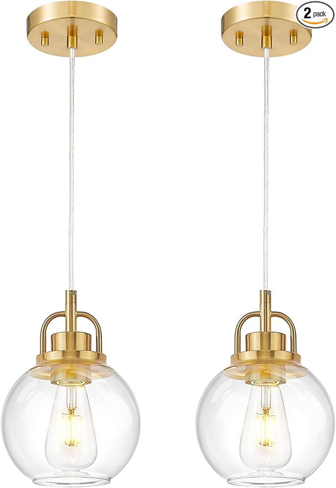 2 Pack Pendant Lights Kitchen Island, 7" Brushed Gold Pendant Light Fixtures Over Island with Globe Clear Glass Shade, Brass Hanging Lights for Dining Room Entryway, PL125-BG-2PK