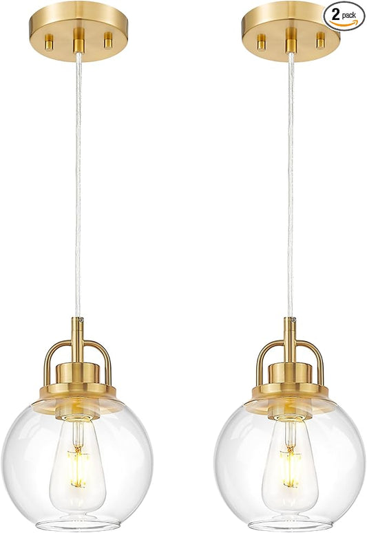 2 Pack Pendant Lights Kitchen Island, 7" Brushed Gold Pendant Light Fixtures Over Island with Globe Clear Glass Shade, Brass Hanging Lights for Dining Room Entryway, PL125-BG-2PK