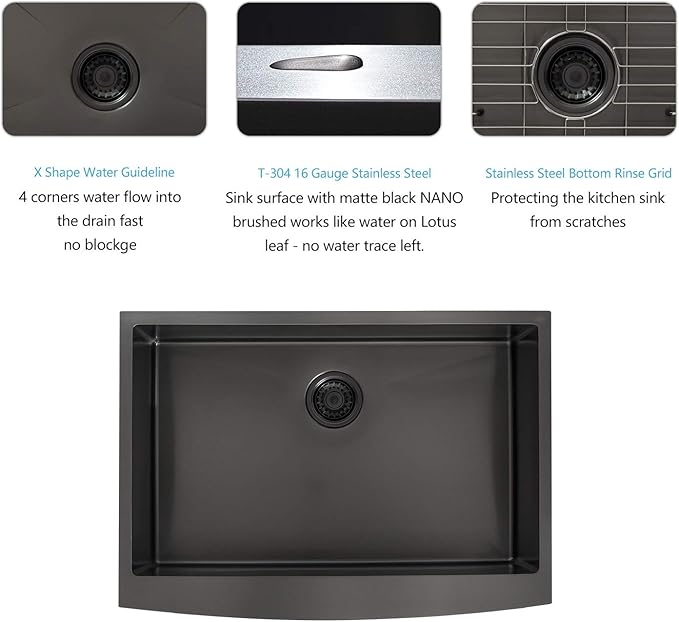 Lordear 28 Inch Black Farmhouse Sink Apron Front 16 Gauge Stainless Gunmetal Black Single Bowl Farmhouse Kitchen Sinks 28x21 Inch Barn Farm Sink