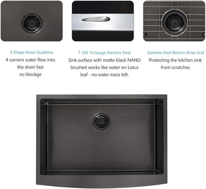 Lordear 28 Inch Black Farmhouse Sink Apron Front 16 Gauge Stainless Gunmetal Black Single Bowl Farmhouse Kitchen Sinks 28x21 Inch Barn Farm Sink