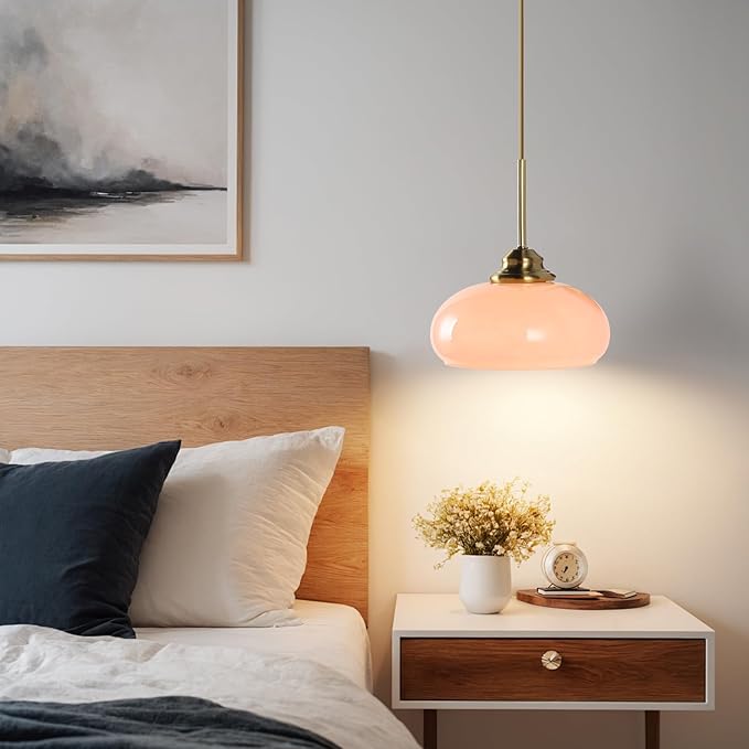 KCO Lighting Retro Pink Kitchen Pendant Light Mid Century Gold Hanging Light Vintage Dome Glass Pendant Light Small Globe Hanging Lights