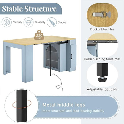 Mobile Extendable Dining Table with 3 Removable Middle Leaves and Power Outlets for 2-5 People, Kitchen Island with Storage Cabinet and Drawers, Kitchen Island Cart for Dining Room (Grey Blue)