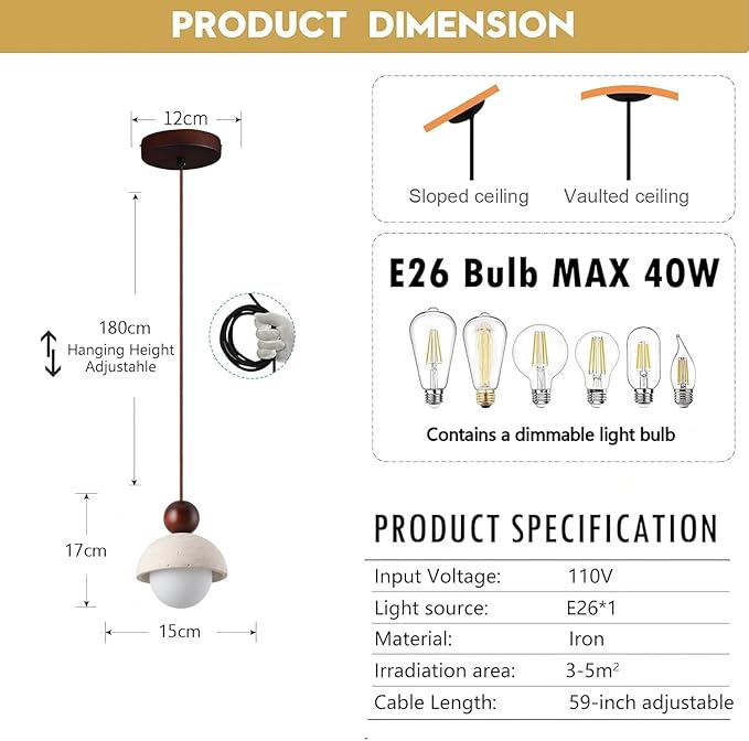 Japanese Wabi sabi Pendant Light with Natural Stone Shade, Dimmable Modern Wood Hanging Lamp Fixture, Adjustable Height Pendant Lamp for Bedroom, Kitchen Island, Dining Room, Restaurant, Cafe, Bar (I)