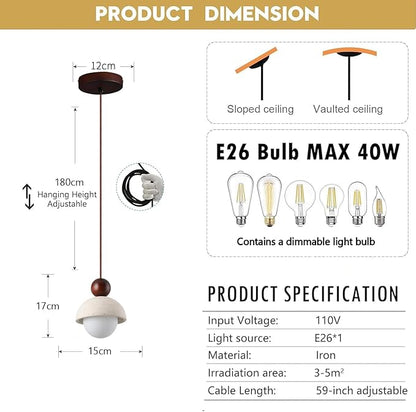 Japanese Wabi sabi Pendant Light with Natural Stone Shade, Dimmable Modern Wood Hanging Lamp Fixture, Adjustable Height Pendant Lamp for Bedroom, Kitchen Island, Dining Room, Restaurant, Cafe, Bar (I)