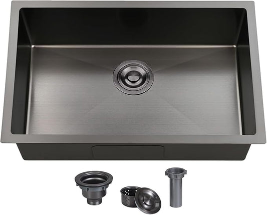 28 Inch Undermount Kitchen Sink Black, 28x18 Gunmetal Black 16 Gauge Stainless Steel Single Bowl Under Mount Commercial Kitchen Sinks 9 Inch Deep Includes Drain