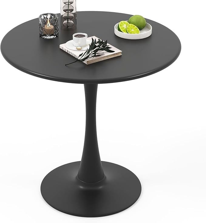 Byroce White Round Dining Table, Glossy Tulip Kitchen Table for 2-4, 32 Inch Coffee Side Table w/Sturdy Metal Pedestal Base, Modern Leisure Table for Small Space, Living Room, Office & Patio (Black)