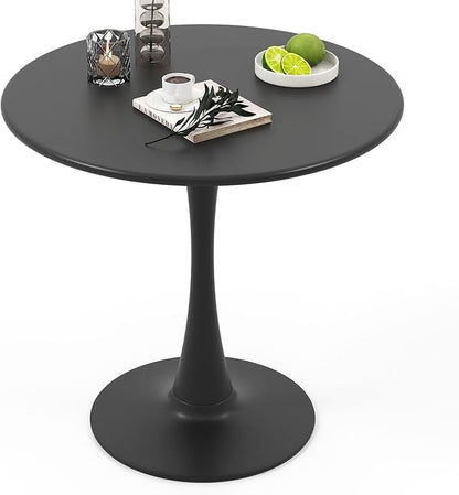 Byroce White Round Dining Table, Glossy Tulip Kitchen Table for 2-4, 32 Inch Coffee Side Table w/Sturdy Metal Pedestal Base, Modern Leisure Table for Small Space, Living Room, Office & Patio (Black)