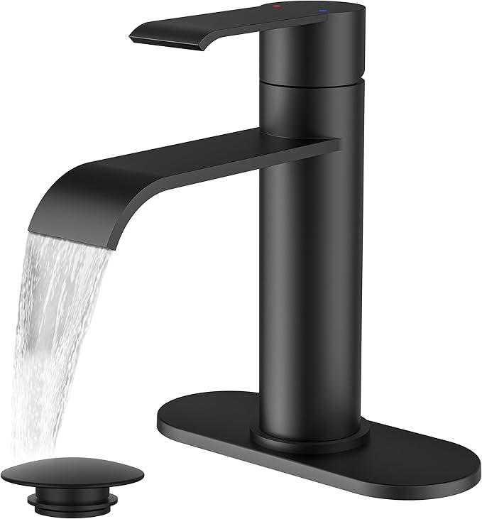 FORIOUS Black Bathroom Faucet 1 Hole, Single Handle Matte Black Waterfall Bathroom Faucet Single Hole for Rv, Lavatory, Restroom Tap with 3 Hole Adapter Deck Plate, Pop Up Drain and 24" Supply Hose